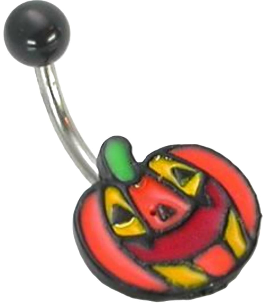 Halloween Jack-o-Lantern Pumpkin Face Belly Button Ring, 14G, 7/16 Inch, 316L Stainless Steel with Acrylic Ball
