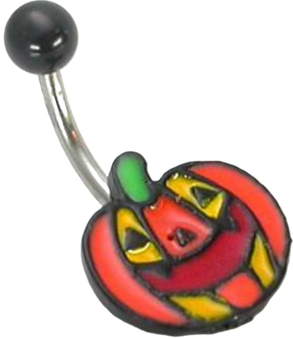 Halloween Jack-o-Lantern Pumpkin Face Belly Button Ring, 14G, 7/16 Inch, 316L Stainless Steel with Acrylic Ball