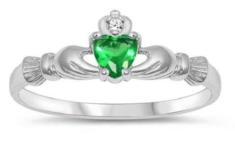 STERLING SILVER RING W/CZ Faux Emerald Faux Emerald Claddagh pinky ring Size 4