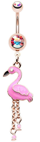 Body Accentz Aurora Borealis Crystal Flamingo Belly Button Ring, 14 GA, Rose Gold Plated Steel, Pink Enamel Dangle