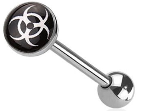 Body Accentz Surgical Steel Tongue Barbell, 14 Gauge, 5/8 Inch Length, Biohazard Logo Design, Black