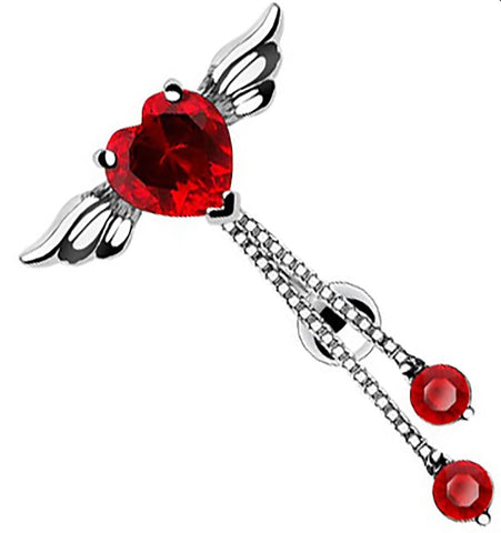 Belly Button Ring Reversed Angel Winged Heart Navel Round CZ Dangle 14 gauge
