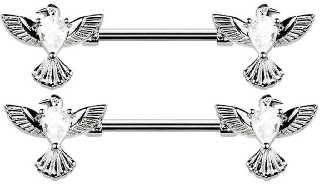 Body Accentz CZ Bird Wing Nipple Ring Barbell, 316L Surgical Steel, 14GA, 5/8" Length, Clear Teardrop CZ, Pair