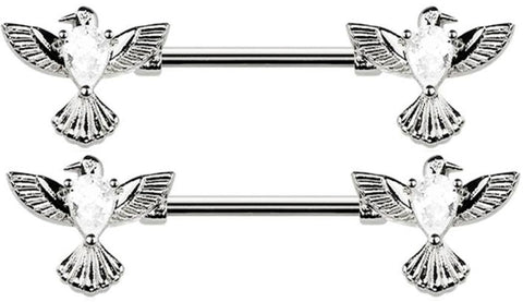 Body Accentz CZ Bird Wing Nipple Ring Barbell, 316L Surgical Steel, 14GA, 5/8" Length, Clear Teardrop CZ, Pair