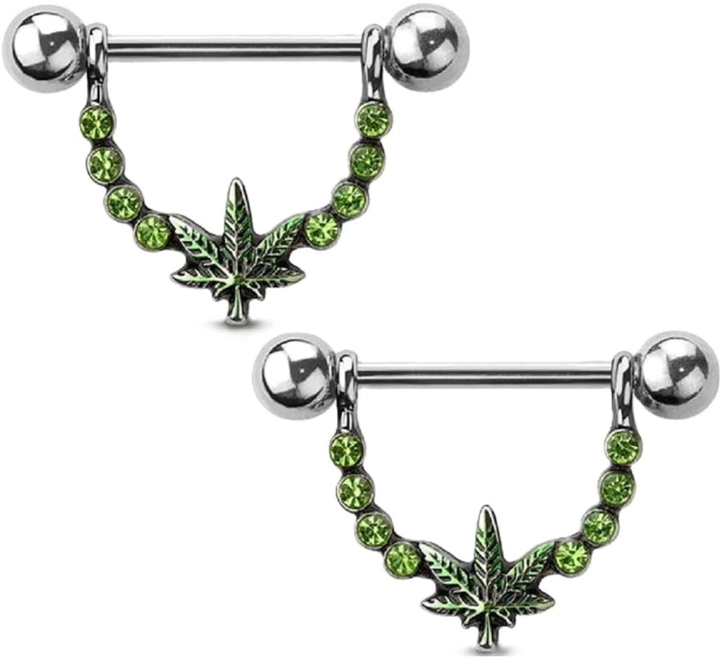 Marijuana Cannabis Weed Leaf Dangle Nipple Shield, 316L Surgical Steel, Silvertone, 14GA, 9/16" Length, Green Crystal Pair