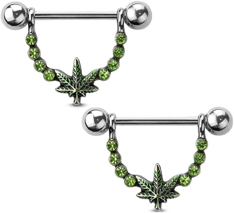 Marijuana Cannabis Weed Leaf Dangle Nipple Shield, 316L Surgical Steel, Silvertone, 14GA, 9/16" Length, Green Crystal Pair