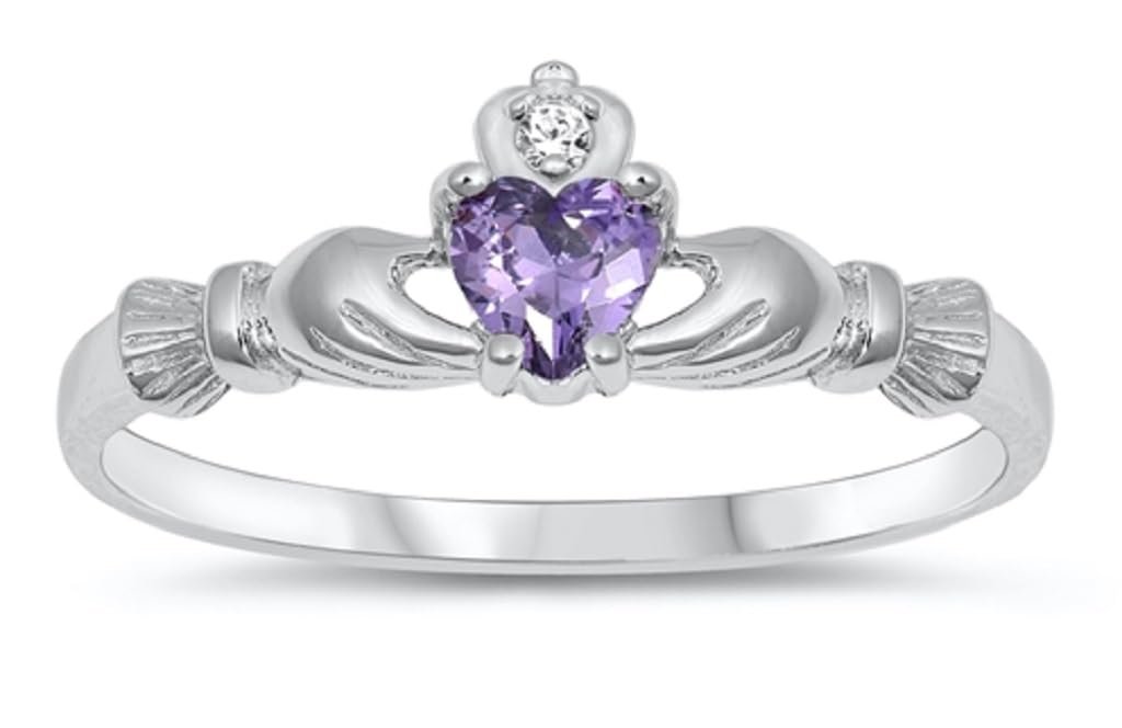 STERLING SILVER RING W/CZ Faux Amethyst Faux Claddagh pinky right hand