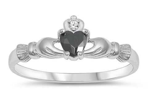 STERLING SILVER RING W/CZ Faux Onyx Claddagh pinky right hand - 8
