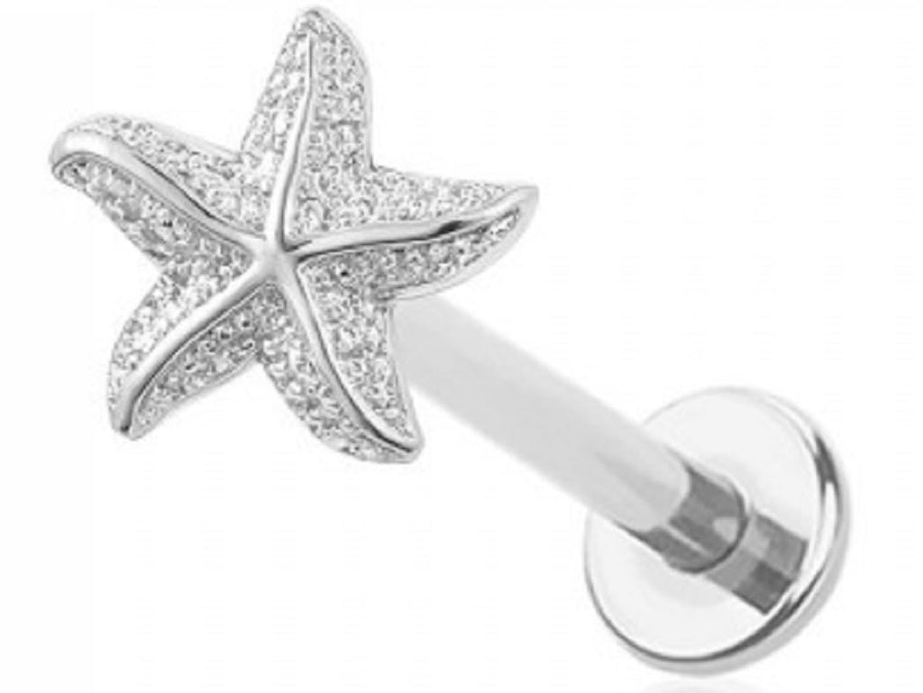 Body Accentz Crystal Starfish Labret Stud, 316L Surgical Steel, 18GA 1.0MM, 5/16 inch, Silver
