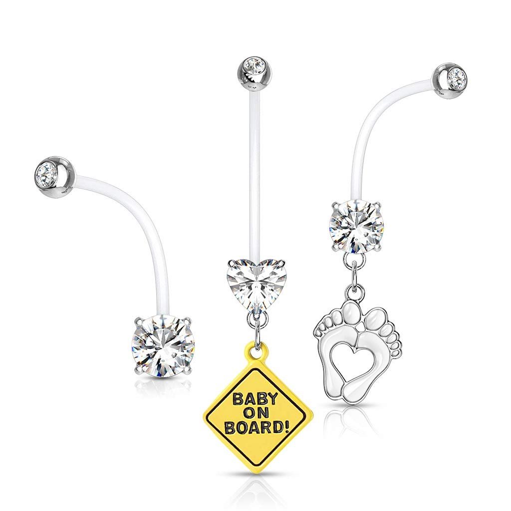 Body Accentz 3pc Pregnancy Maternity Belly Button Ring Feet Baby on Board CZ (White)