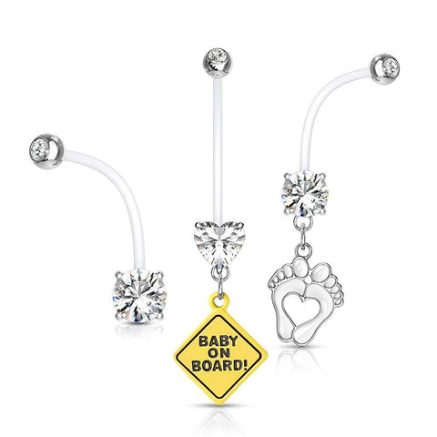 Body Accentz 3pc Pregnancy Maternity Belly Button Ring Feet Baby on Board CZ (White)