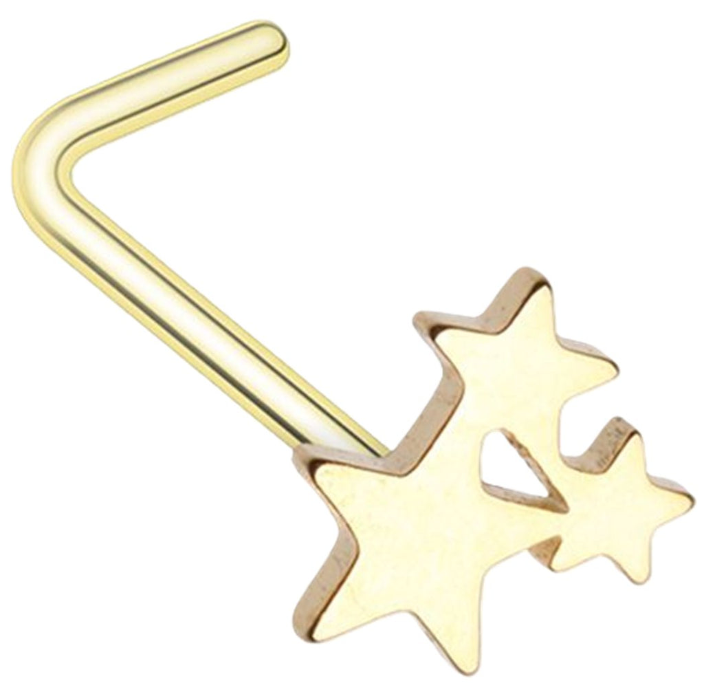 Nose Ring Stud Golden Triple Star Shape 316L Surgical Steel L Bend