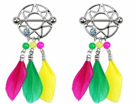 316L Surgical Steel Dream Catcher Feather Nipple Shield Gem 3/4" 14 gauge pair - multi