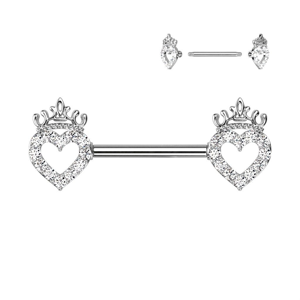 Body Accentz Nipple Bar CZ Paved Hollow Heart and Crown 316L Surgical Steel Nipple Barbell Ring