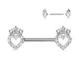 Body Accentz Nipple Bar CZ Paved Hollow Heart and Crown 316L Surgical Steel Nipple Barbell Ring