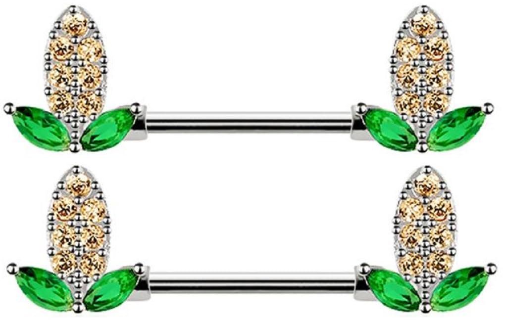 Surgical Steel Nipple Ring, Corn on the Cob Design with Green and Gold CZ Crystals, 14 Gauge 9/16 Inch