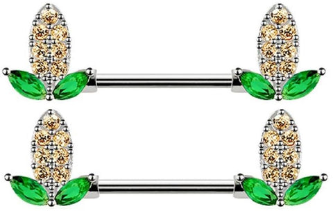 Surgical Steel Nipple Ring, Corn on the Cob Design with Green and Gold CZ Crystals, 14 Gauge 9/16 Inch