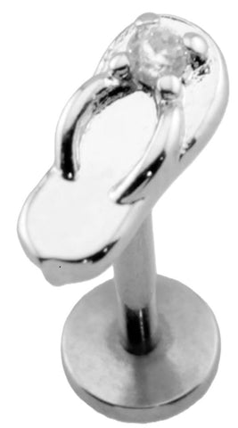 Flip Flop Sandal Labret Stud, 316L Surgical Steel, Threadless Push-In, 18GA, 5/16" Length, Silver with CZ