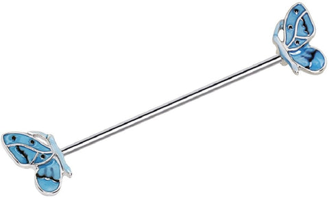 Body Accentz Industrial Barbell 316L Surgical Steel Bar Double Blue Butterfly 1 1/2