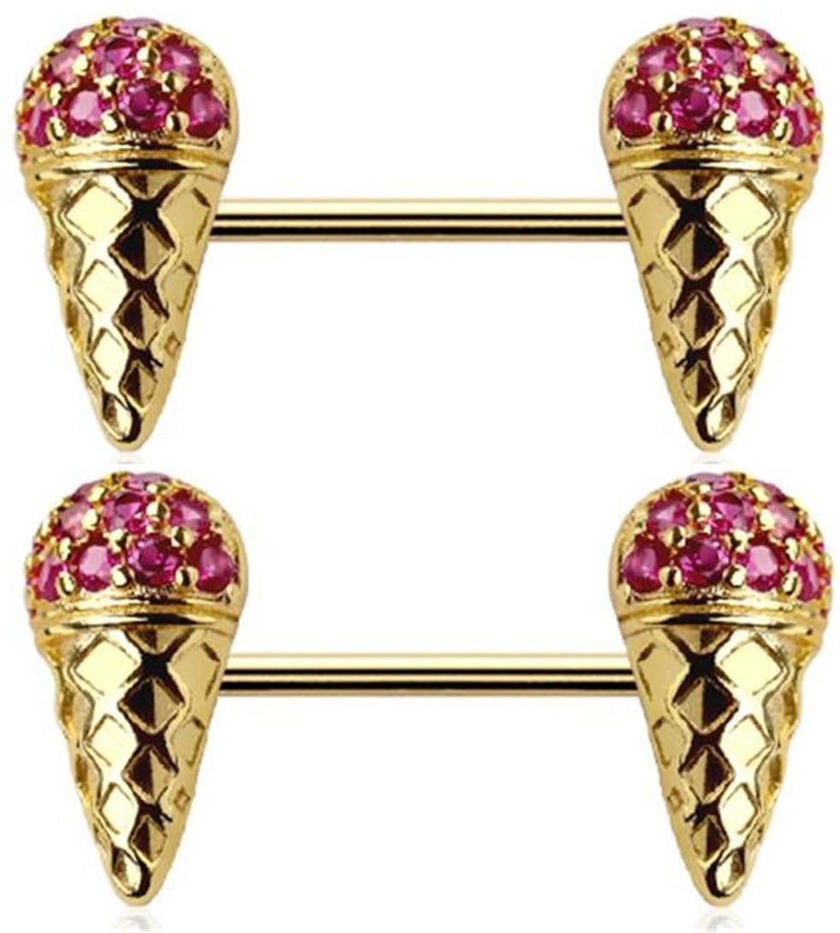 Body Accentz Ice Cream Cone nipple rings, 14K Gold Plated, Pink Ruby Crystal, Fashion Jewelry