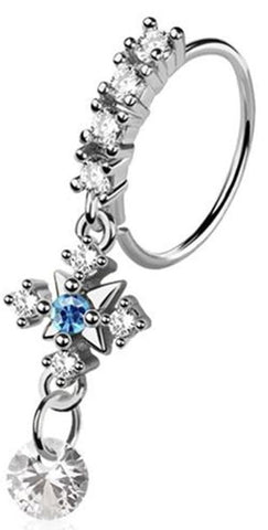 Body Accentz Surgical Steel Nose Hoop Ring with CZ Cross Arrow Dangle, 20G, 9mm, Silver/Clear