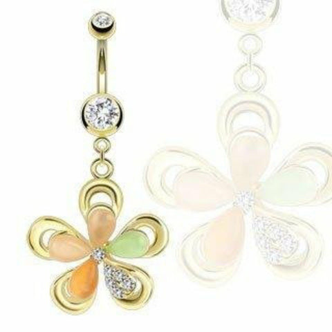 316L Surgical Steel Gold IP Flower with Cateye Gems and CZ Petals Navel Ring 14g
