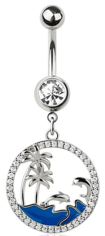 Surgical Steel Beach Scene Belly Button Ring, 14G, 3/8 Inch, Crystal Accents, Silver and Blue
