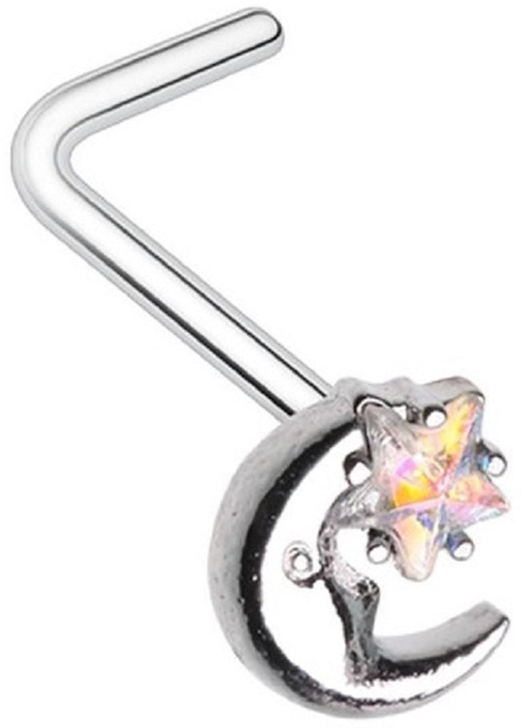 Stud Iridescent Star Moon Shape 316L Surgical Steel L Bend
