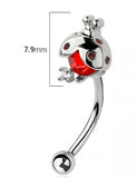 Body Accentz 316L Surgical Steel Curved Eyebrow Barbell with Red CZ Ladybug Design, 16 Gauge, 5/16 Inch, 3mm Balls