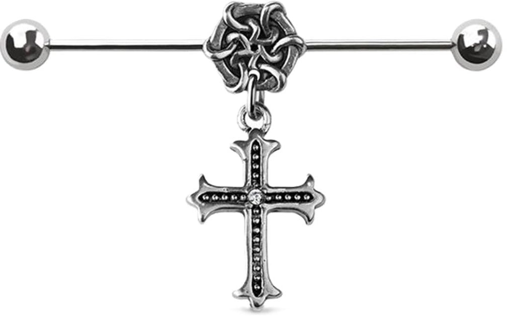 Celtic Cross Dangle Industrial Barbell, 316L Surgical Steel, 16GA, 1 1/2 Inch Length, Silvertone