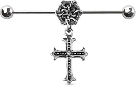 Celtic Cross Dangle Industrial Barbell, 316L Surgical Steel, 16GA, 1 1/2 Inch Length, Silvertone