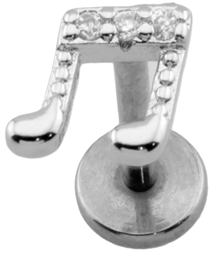 Music Note CZ Threadless Push-In Labret, 316L Surgical Steel, 18GA, 5/16" Length, Silver and Clear