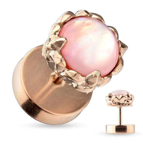 Body Accentz Plugs Earrings Rings Pink Gemstone Shell Rose Gold IP 316L Surgical Steel Fake Cheater Plug 18g