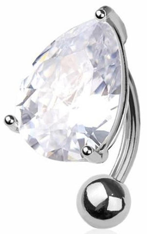 Body Accentz 316L Surgical Steel Reverse Belly Button Ring, 14G, Clear Crystal Teardrop, 3/8 Inch Length