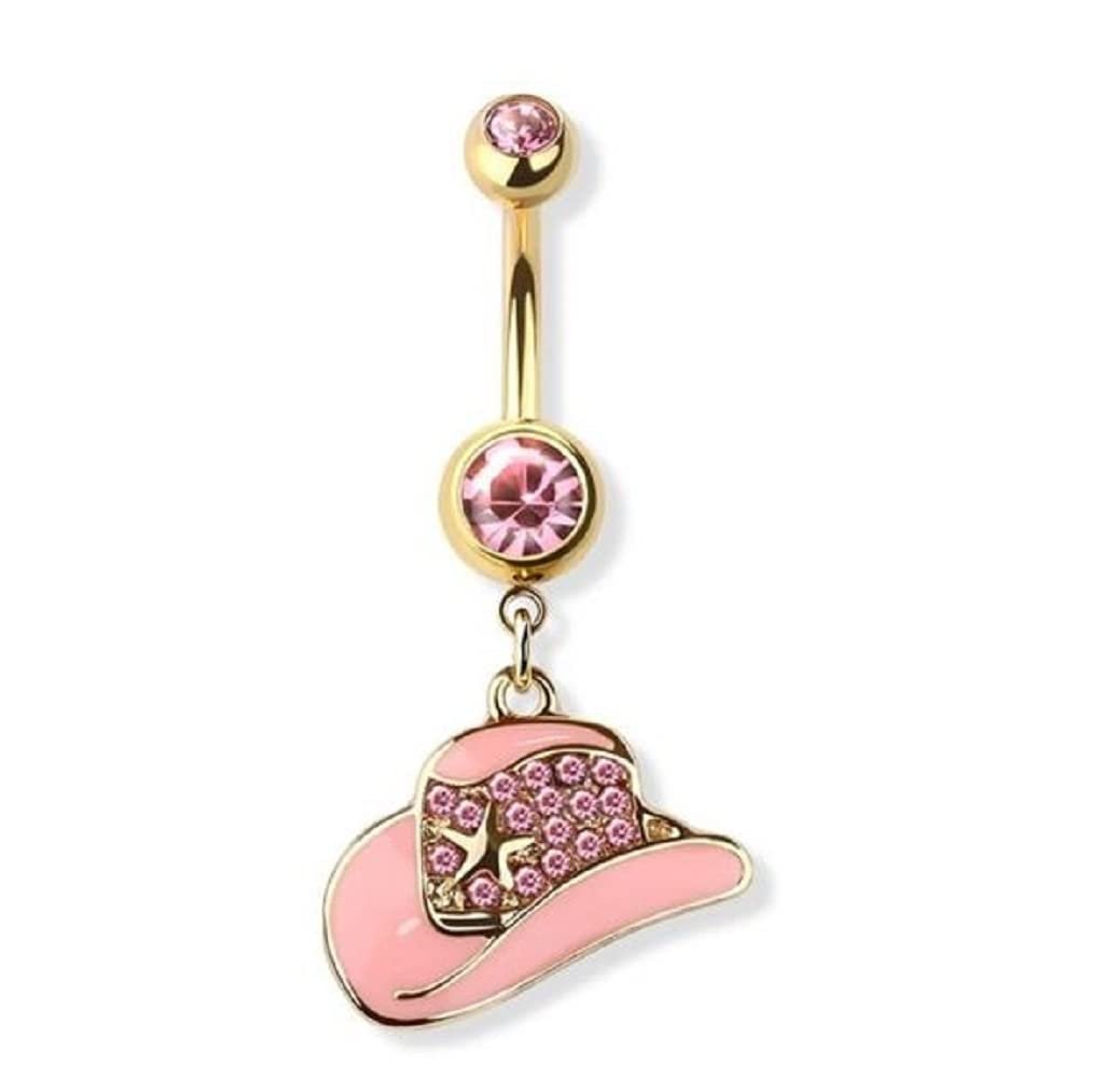 Belly Button Ring Gem Paved Cowboy Hat 316L surgical steel navel pink gold star Cowgirl hat