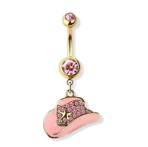 Belly Button Ring Gem Paved Cowboy Hat 316L surgical steel navel pink gold star Cowgirl hat