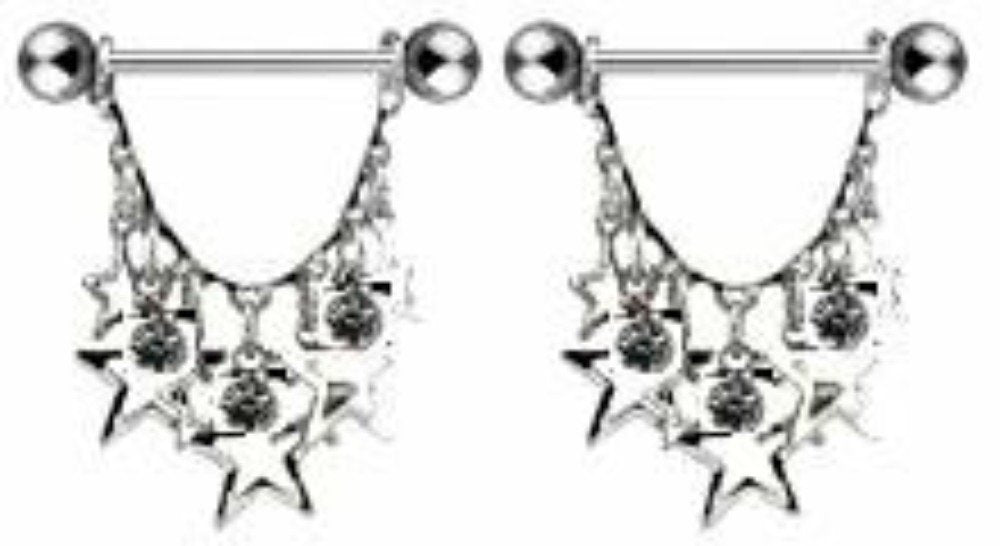 Stars Nipple Bar Body Jewelry Pair tars w/ 3 Round CZs Nipple bar 14g [Jewelry]