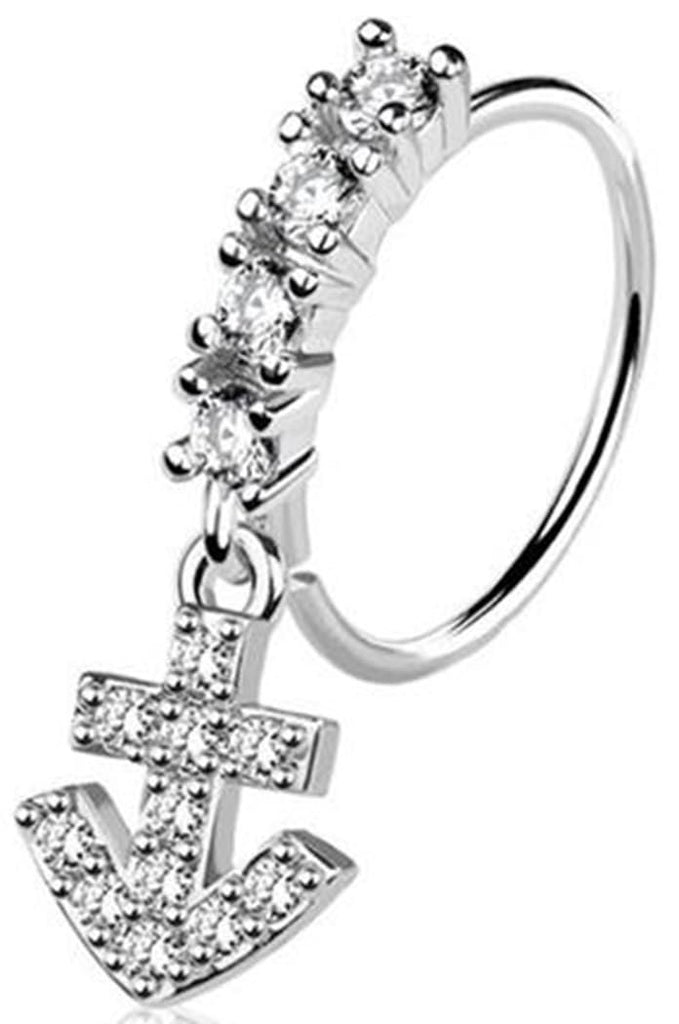 Anchor Dangle Nose Ring, 20G Surgical Steel, 9mm, Clear CZ Gems