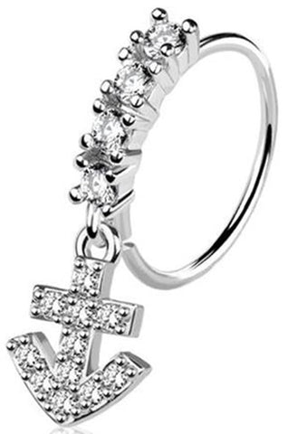 Anchor Dangle Nose Ring, 20G Surgical Steel, 9mm, Clear CZ Gems