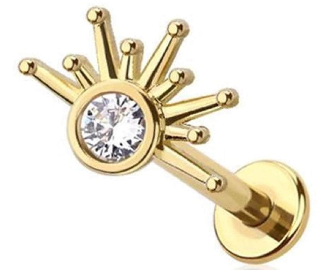 316L Surgical Steel Starburst Crystal Labret Stud, 18GA 5/16 Inch, Push-In Threadless Design, Gold and Silver Tone