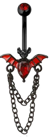 Body Accentz Gothic Bat Belly Button Ring, 14G Surgical Steel, Black and Red Crystal Dangle, 3/8 inch Length