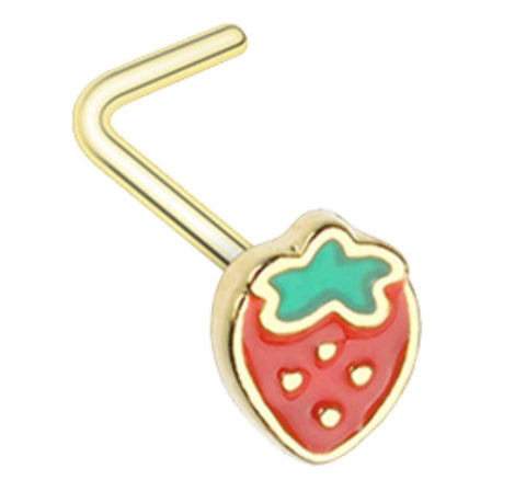 Body Accentz Nose Ring 20g 6mm Leafy Strawberry 316L Surgical Steel L Bend Stud