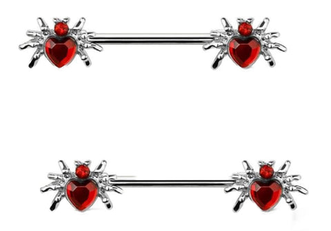 Body Accentz Nipple Ring HEART SPIDER ENDS 316L SURGICAL STEEL BAR