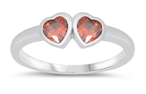 STERLING SILVER RING W/CZ Faux garnet - Double Heart pinky ring