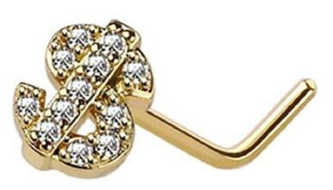 Body Accentz Nose Ring Stud CZ Dollar Sign Shape Top 316L Surgical Steel L Shape Money
