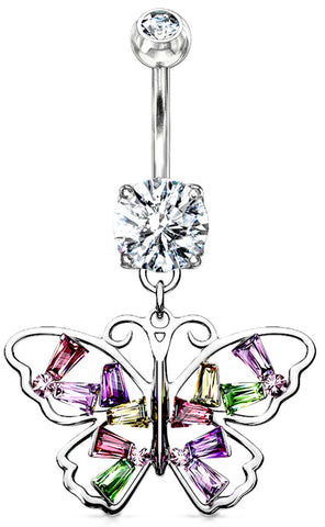 316L Surgical Steel Butterfly With Multi Colored Baguette CZ Wings Dangle Belly Button Ring