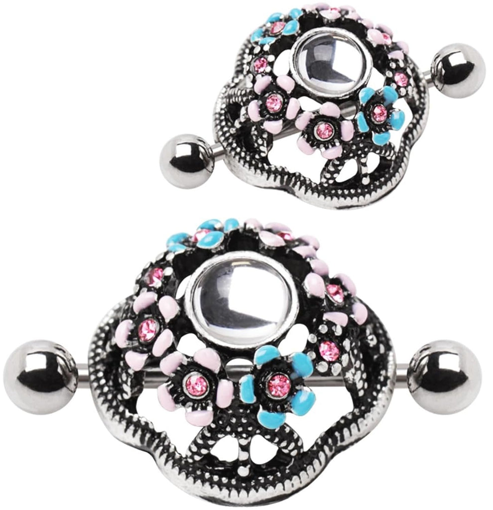 Nipple Shield Ring Flower Field Design with Pink & Blue CZ