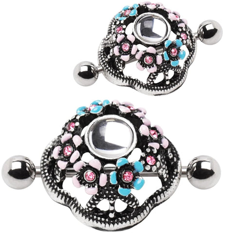 Nipple Shield Ring Flower Field Design with Pink & Blue CZ