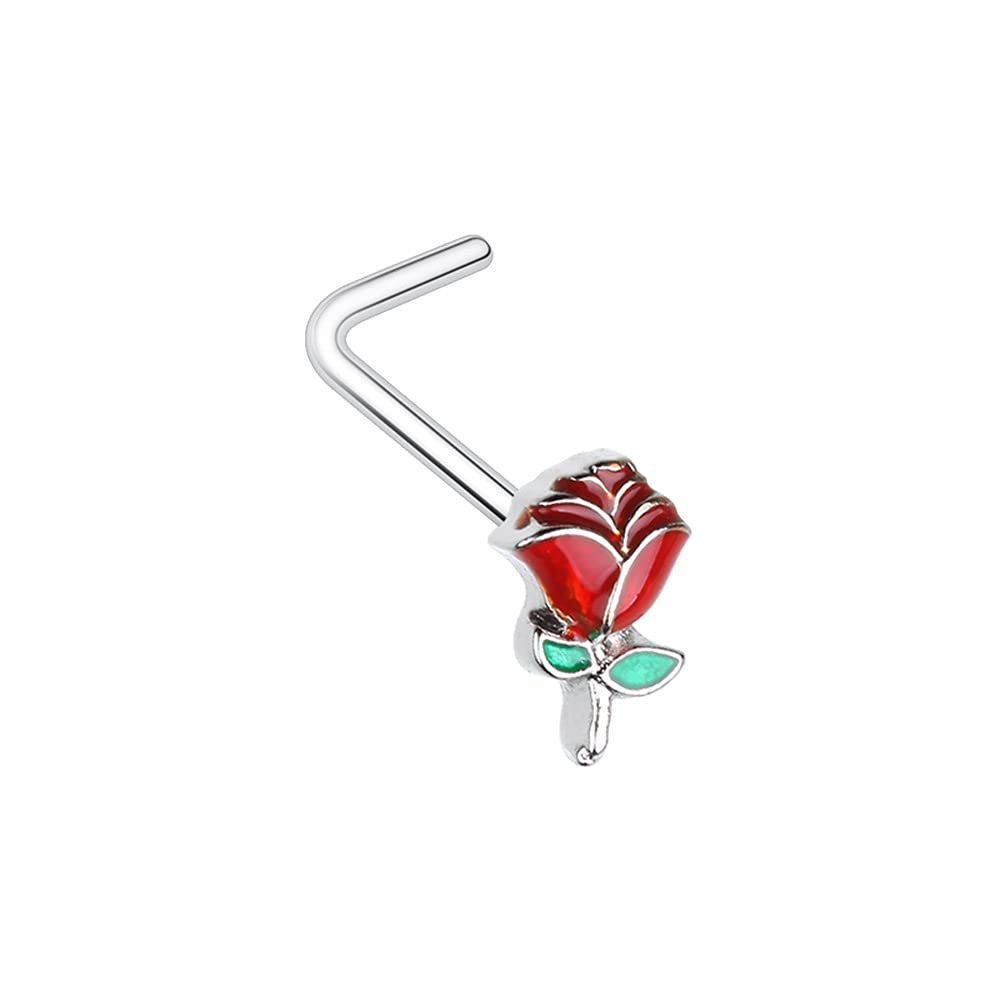Body Accentz Nose Ring 20g 6mm Enchanted Long stem Rose 316L Surgical Steel L Bend Stud