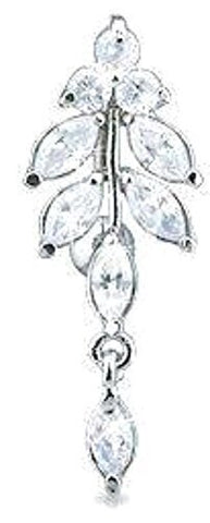 Belly Button Ring Leaves CZ Top Down Navel Ring w/Titanium Shaft/Rhodium Plating
